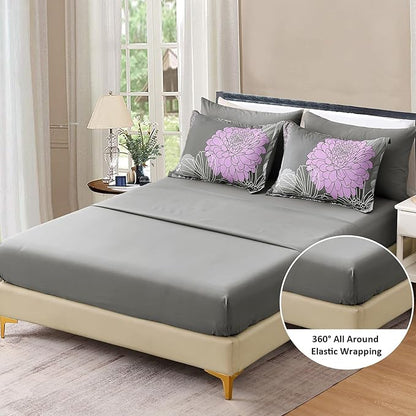 Yiran King Size Comforter Set Grey Purple Comforter Floral Bedding Comforter Set 7 Pieces Soft Microfiber Bed Set for All Seasons 103"×90"