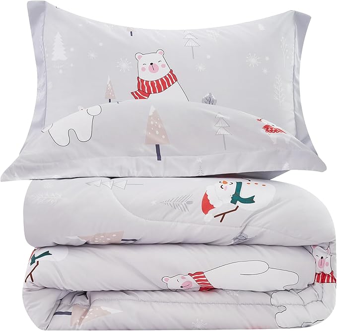 Kids Christmas Comforter Set Twin for Boys Girls, Cute Reversible Quilted Bear Snowmen Reindeer Bunny Printed Bedding Set with Pillow Sham, Lightweight Soft Breathable Washable Bed Set 2 Piece