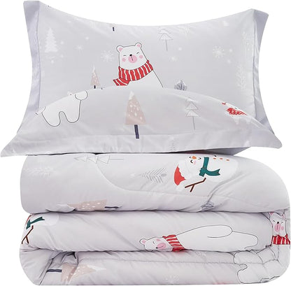 Kids Christmas Comforter Set Twin for Boys Girls, Cute Reversible Quilted Bear Snowmen Reindeer Bunny Printed Bedding Set with Pillow Sham, Lightweight Soft Breathable Washable Bed Set 2 Piece