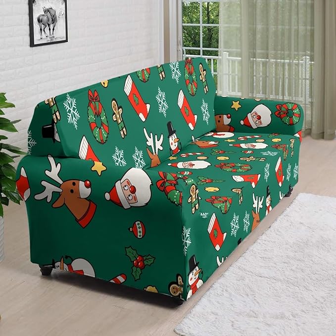 FKELYI Christmas Decorations Green Sofa Slipcover Santa Claus Stretch Sofa Couch Cover for Indoor Washable Furniture Protector with Elastic Bottom XL