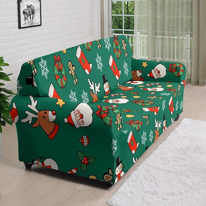 FKELYI Christmas Decorations Green Sofa Slipcover Santa Claus Stretch Sofa Couch Cover for Indoor Washable Furniture Protector with Elastic Bottom XL
