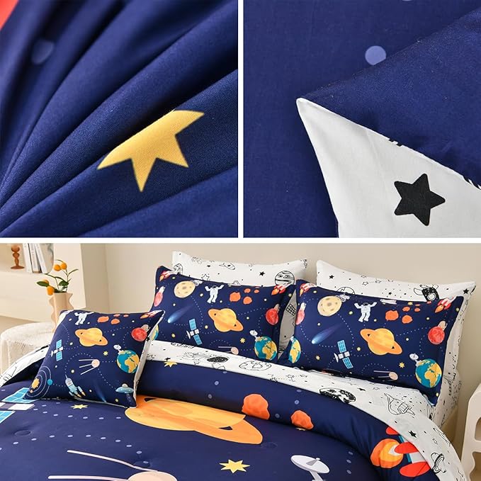 Spaceship Comforter Set Full Size, 8 Piece Bed in a Bag Rocket Space Bedding Sets for Boys Girls Kids