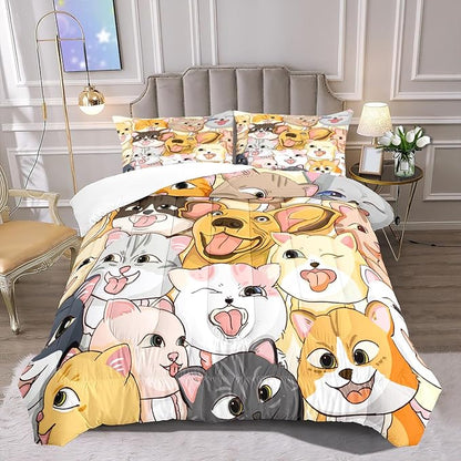 Dog Twin Comforter Set for Boys Bedroom - Dogs Cats Animal Theme Bedding Set for Living Playing Room Ultra Soft Puppy Dogs Kitten Quilt with 1 Pillowcase Kids Room Decor 2Pcs, Twin Size