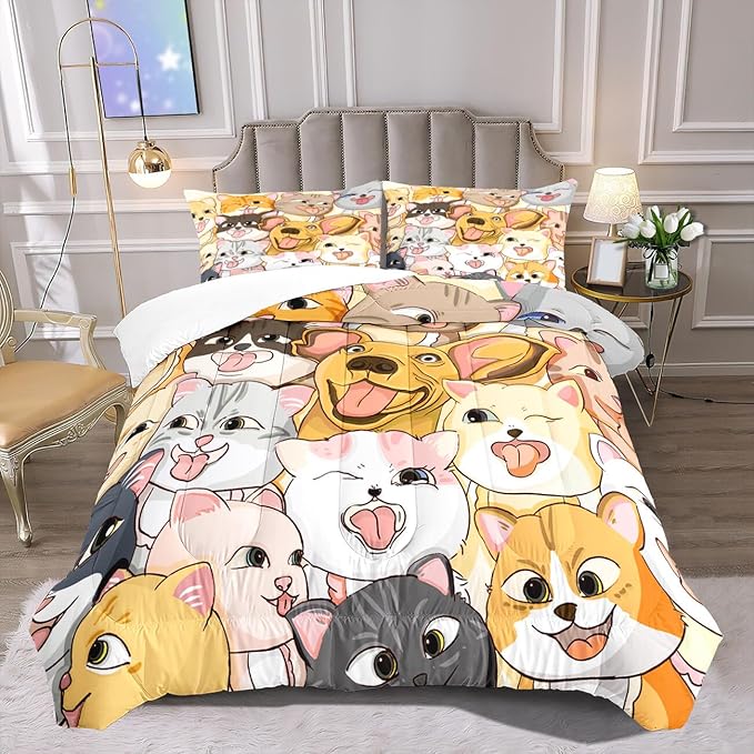 Dogs Comforter Set - Cute Cartoon Puppy Pattern Comforter Set Full Size 3pcs Kitten Dogs Bedding Set Pet Animal Design Kids Room Decor with 1 Comforter and 2 Pillowcases Boys Girls Gift All Season