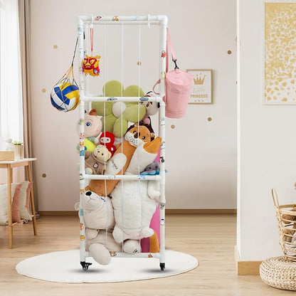 X-Large Plush Stuffed Animal Zoo Cage with Wheels, 67.7'' Stuffed Animal Storage Zoo Holder Standing, Toy Storage Organizer Shelves Basket with Net for Playroom, Bedroom, Nursery