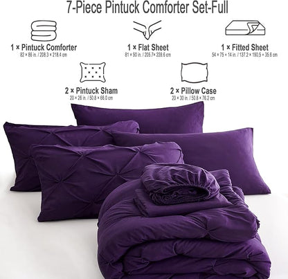 Ubauba 7pc Full Size Comforter Set with Sheets, Purple Pintuck 7 Pieces Bed in a Bag with Comforter, All Season Bedding Comforters & Sets (Purple,Full)
