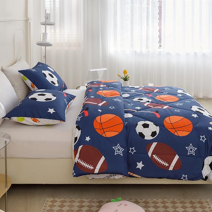 RYNGHIPY Kids Sports Theme Bedding Set, Basketball Football Baseball Tennis Print Comforter Set for Teens Boys Girls, Super Soft Lightweight (Balls,Full)