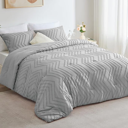 CozyLux Queen Comforter Set Light Grey - 3 Pieces Boho Tufted Shabby Chic Bedding Comforter Set for All Seasons, Chevron Bedding Sets with Comforter & 2 Pillow Shams