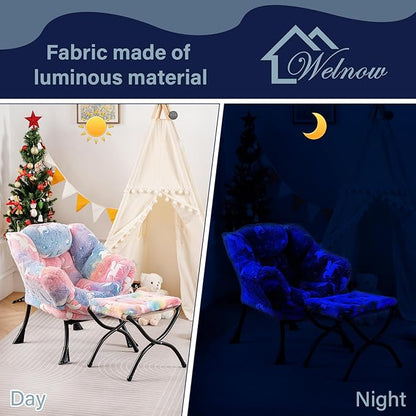 Welnow Toddler Kids Lazy Chair with Ottoman, Glow in The Dark Accent Comfy Lounge Children Armchair Couch with Removable Cover, Detachable Reading Chair with Footrest for Boy or Girl
