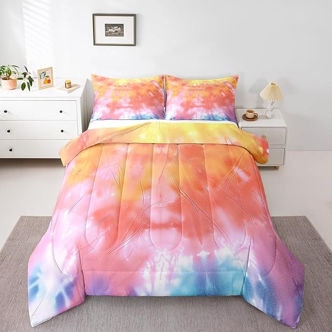 Boho Comforter Set Spiral Tye Dye Pattern 3pc Down Comforter Queen Size Rainbow Bedding Sets with 2 Pillowcases Soft Comfortable Machine Washable,Trippy Psychedelic Gypsy Duvet Quilt Set for Teen Girl