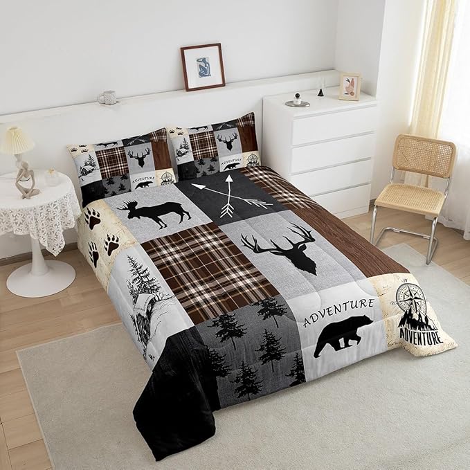Deer Antler Comforter Set Twin Size,Bear Paw Pine Trees Rustic Farmhouse Bedding Set for Boys Girls Adults Room Decor,Geometric Plaids Arrows Down Comforter,Brown Retro Duvet Insert,1 Pillowcase