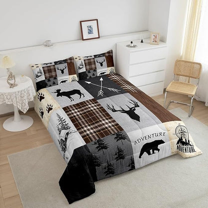 Deer Antler Comforter Set King Size,Bear Paw Pine Trees Rustic Farmhouse Bedding Set for Boys Girls Adults Room Decor,Geometric Plaids Arrows Down Comforter,Brown Retro Duvet Insert,2 Pillowcases