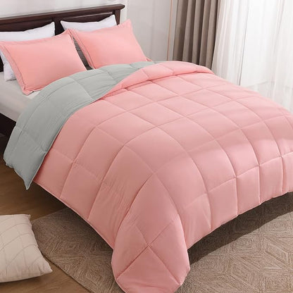 Basic Beyond Queen Comforter Set - Fluffy Comforter Queen Set for All Seasons - Reversible Pink Comforter Set Queen for Mens - 3 Pieces (1 Comforter + 2 Pillow Shams) - Pink/Grey