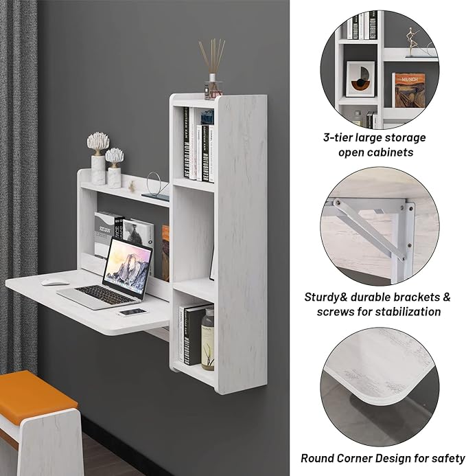 Pmnianhua Floating Desk,41'' Wall Mounted Desk Fold Down Laptop Desk Folding Space Saving Table Workstation with Storage Shelves for Bedroom Study Room Small Space (Off White-Right)