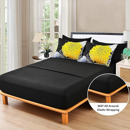 7 Pieces King Yellow Black Comforter Set Bed in a Bag Floral Bedding Set Soft Microfiber Comforter (1 Comforter 1 Flat Sheet 1 Fitted Sheet 2 Pillowshams 2 Pillowcases)