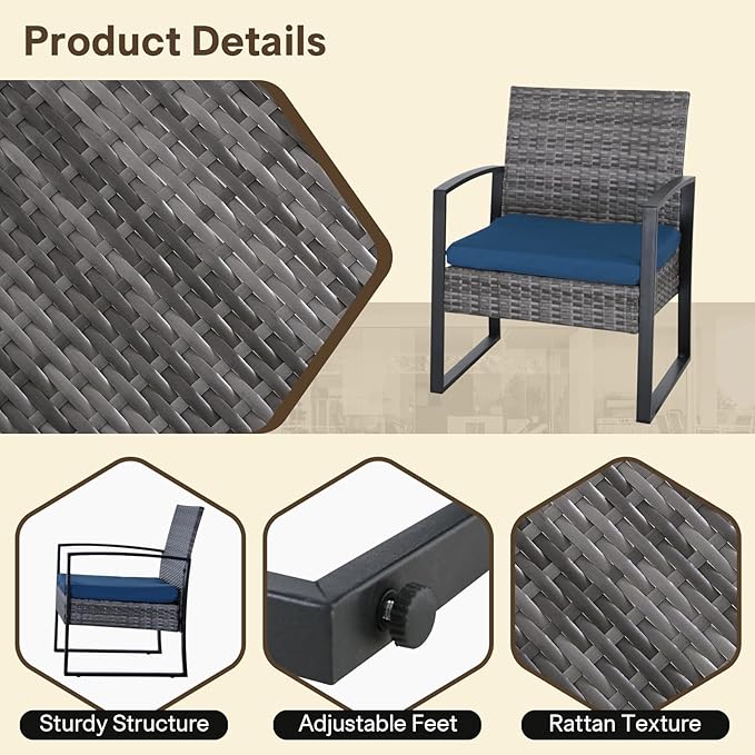 3 Pieces Patio Furniture Set, Outdoor Patio Set, Patio Bistro Set, All-Weather Wicker Conversation Set with Cushions Table for Porch Backyard (Gray-Blue)