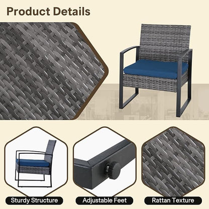 3 Pieces Patio Furniture Set, Outdoor Patio Set, Patio Bistro Set, All-Weather Wicker Conversation Set with Cushions Table for Porch Backyard (Gray-Blue)
