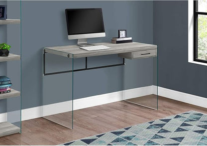 Monarch Specialties Computer Desk - Contemporary Writing Desk with Drawer - Tempered Glass Legs - 48"L (Grey Reclaimed Wood Look)