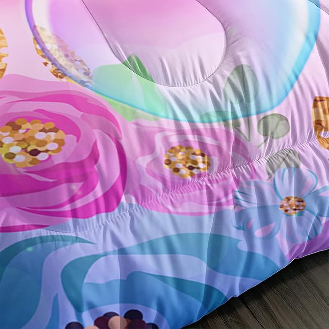 Kid Unicorn Comforter Set Twin/Full/Queen Size 3Pcs Butterfly Rainbow Flower Star Pattern Quilt Bedding Set for Boys Girls with 1 Comforter and 2 Pillowcases