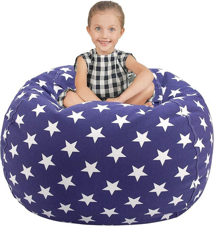Aubliss Stuffed Animal Storage Bean Bag Chair Cover (No Beans)，Stuff and Sit Storage Bean Bag for Kids Toy Storage, X-Large 48"-Canvas Stars Royal Blue