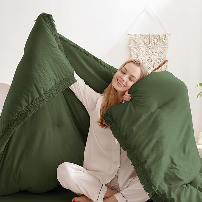 Andency Olive Green Comforter Set Full Size, 3 Pieces Boho Tassel Lightweight Bedding Comforter Sets, All Season Soft Fluffy Fringe Bed Set (79x90In Comforter & 2 Pillowcases)