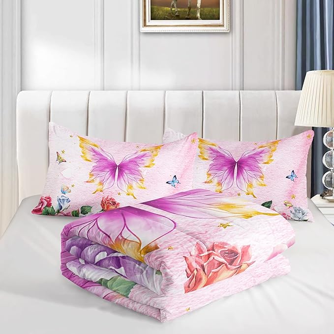 Butterfly Comforter Set for Girls Kids Adults Butterfly Rose Bedding Set Aesthetics Butterflies Quilt Duvet Set Twin Size with 1 Comforter and 2 Pillowcases