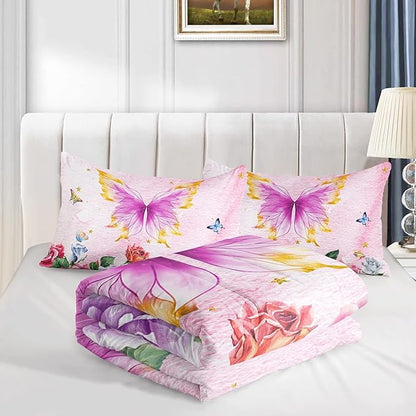 Butterfly Comforter Set for Girls Kids Adults Butterfly Rose Bedding Set Aesthetics Butterflies Quilt Duvet Set Full Size with 1 Comforter and 2 Pillowcases