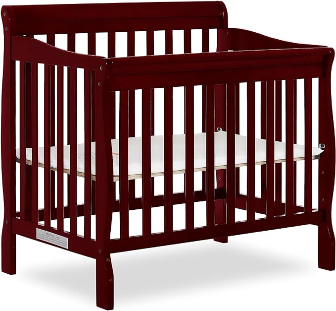 Aden 4-in-1 Convertible Mini Crib in Cherry, Greenguard Gold Certified & Sunset 3” Extra Firm Fiber Crib Mattress, Greenguard Gold Certified