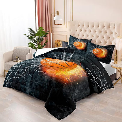 Basketball Comforter Set Full Size, Sports Basketball Bedding Boys Comforter Sets for Bedroom Fire Ice Basketball Theme Room Decor for Teen Boys, 1 Comforter 2 Pillowcase