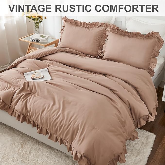 Andency Taupe Twin Size Comforter(66x90Inch), 2 Pieces(1 Ruffle Comforter and 1 Pillowcase) Solid Farmhouse Shabby Chic Comforter, Lighteweight and Soft Microfiber Bedding Set