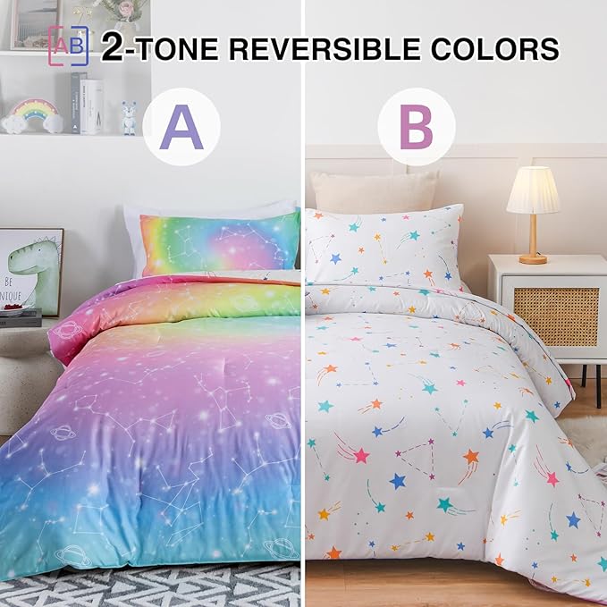 Holawakaka Tie Dye Constellation Print Rainbow Ombre Comforter Set Full Size Girls Boys Gradient Galaxy Bedding Sets Teens Boho Bed Set(Multi,Full)