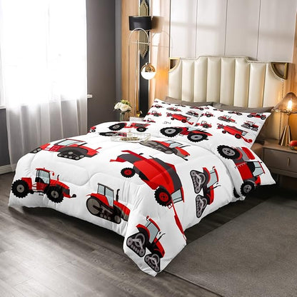 Erosebridal Red Tractor Comforter Set Queen Size Heavy Equipment Bedding Set for Kids Boys Girls Excavator Harvester Tractor Comforter Farm Equipment Duvet Set Soft Bedroom Collection 3Pcs