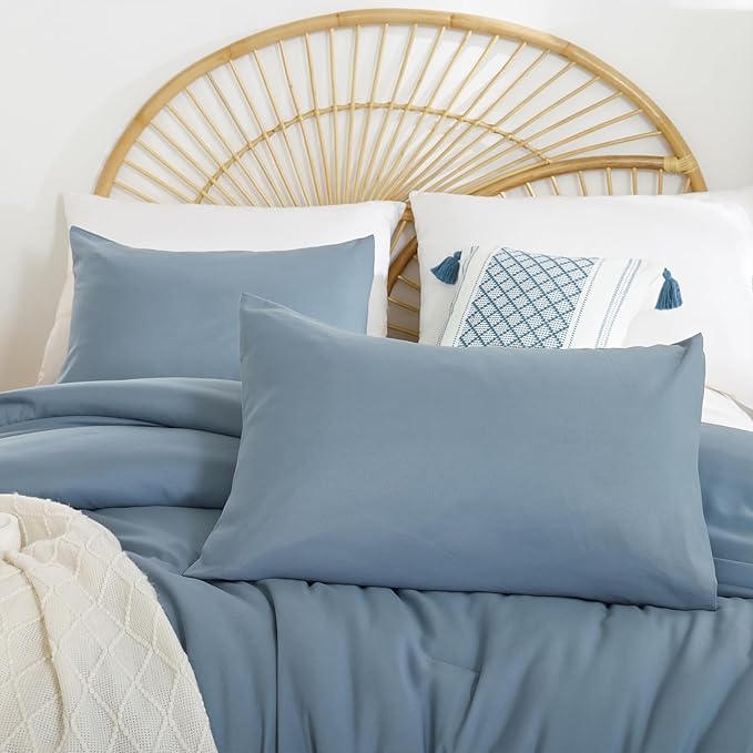 Grayish Blue Full Comforter Boho Dusty Blue 3PCS Microfiber Bed Comforter Sets for All Season Comforter for Men and Women Soft Lightweight Bed Comforter Set (1 Comforter, 2 Pillowcases)
