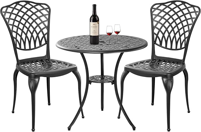3 Piece Bistro Table Set Anti-Rust Outdoor Bistro Set Cast Alumiunm Patio Table and Chairs Set for 2, Patio Bistro Set Furniture Black