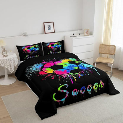Feelyou Kids Soccer Ball Game Comforter Set Queen Size Football Bedding Set for Boys Girls Teens Bedroom Decor Rugby Sports Comforter American Football Player Duvet Set with 2 Pillow Case