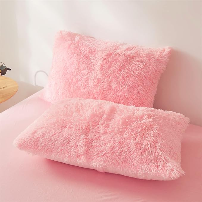 Fluffy Faux Fur Pink Comforter Cover Set Queen - Ultra Soft Plush Pink Bedding Sets 3 Pieces (1 fluffy duvet cover + 2 Faux Fur Pillow case) Cute Pink Bed Set (Light Pink, Queen)
