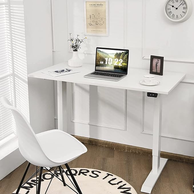 Electric, Single Motor Height Adjustable 2 Button Controller, Table Base for Work Home Office Computer Workstation Standing Desk Frame, White