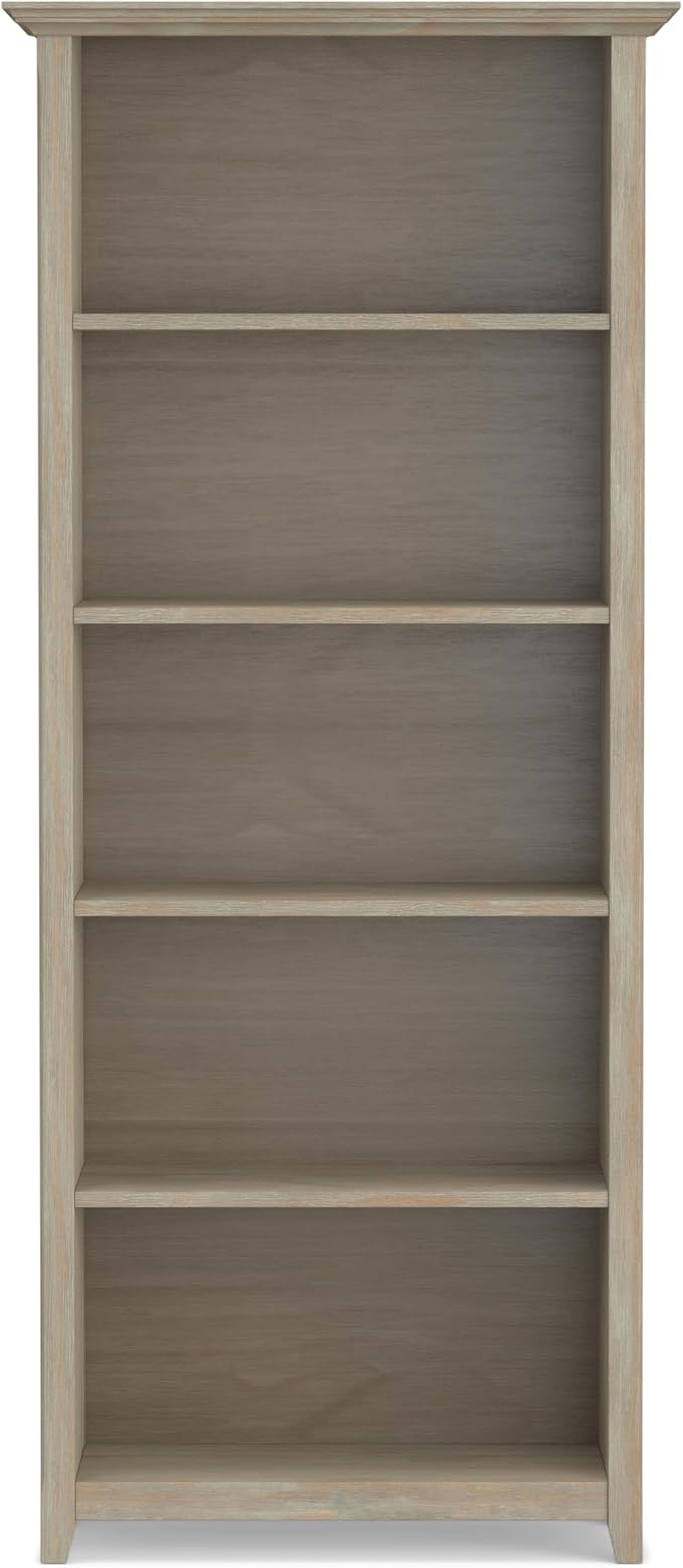 SIMPLIHOME Amherst SOLID WOOD 30 Inch Transitional 5 Shelf Bookcase in Distressed Grey, For the Living Room, Study Room and Office