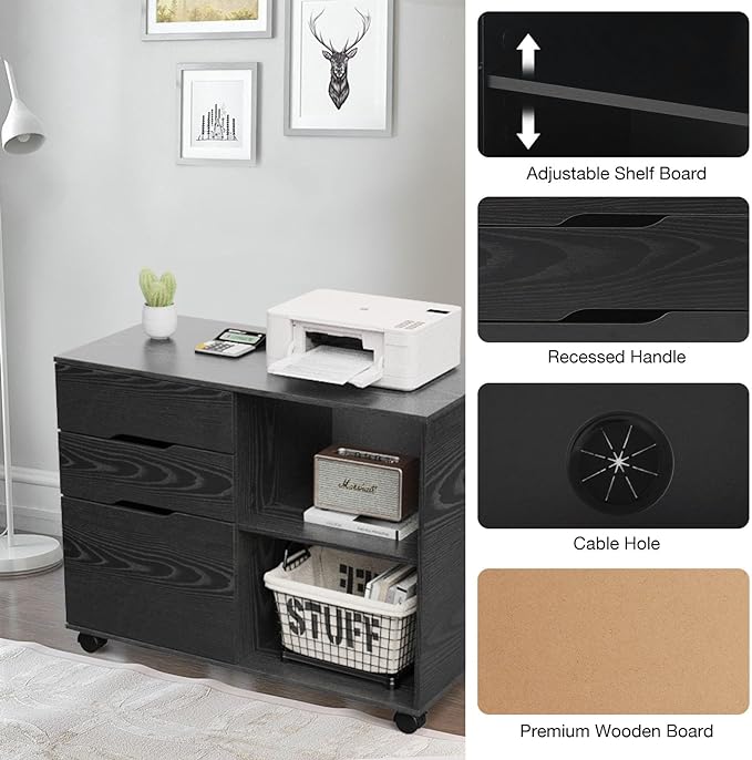 Sweetcrispy 3-Drawer File Cabinet, Lateral Mobile Filing Cabinet Wood Storage Organizer with Wheels, Printer Stand & Open Shelves for Home Office Under Desk Organization - Black