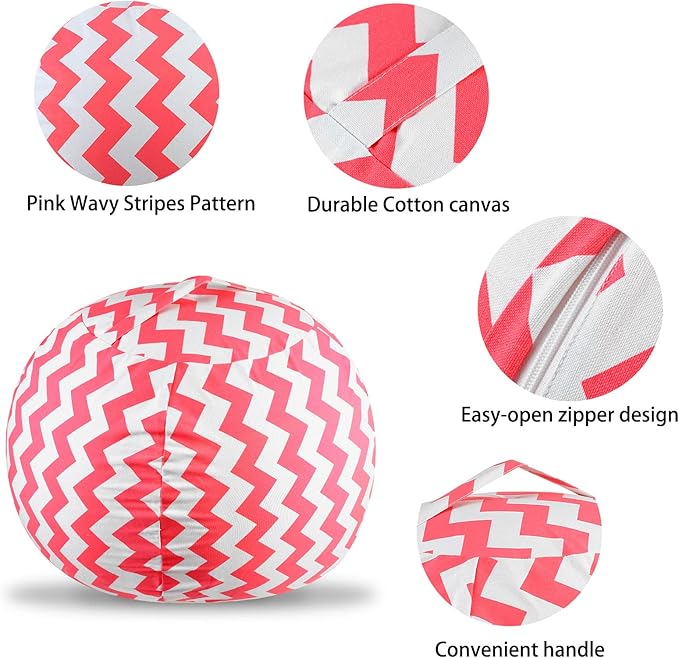 Stuffed Animal Storage Bean Bag Chairs Toy Storage Organizer Bean Bags Chair Cover for Kids 24" Cotton Canvas Beanbag with Zipper for Organizing Kid's and Adults Room and Adults, Pink wave
