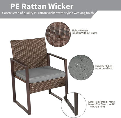 3 Pieces Patio Furniture Set Outdoor Wicker Bistro set Rattan Chair Conversation Sets with Coffee Table for Porch, Balcony,Garden,Backyard and Removable Cushions Grey