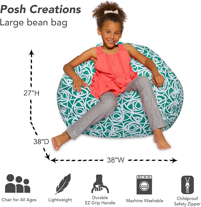 Posh Creations Bean Bag Chair for Kids, Teens, and Adults Includes Removable and Machine Washable Cover, 38in - Large, Canvas Roses Mint