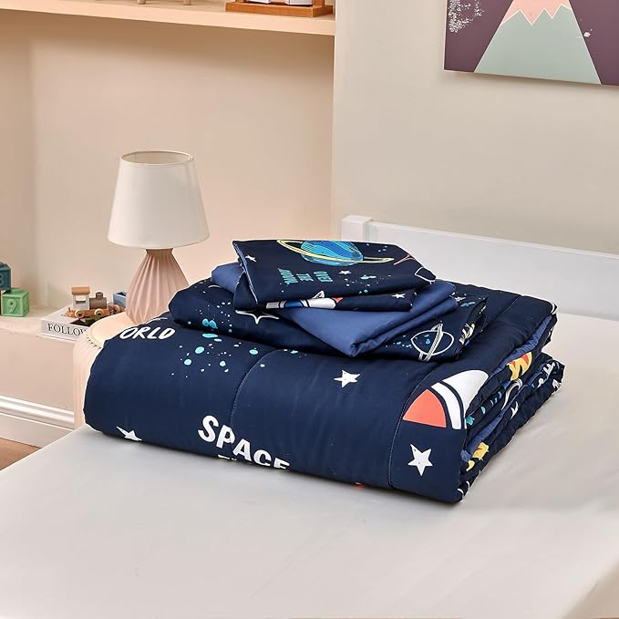 beeweed 5 Piece Kid Comforter Set Twin Size, Space Rocket Bedding Set for Teen Boys Girls