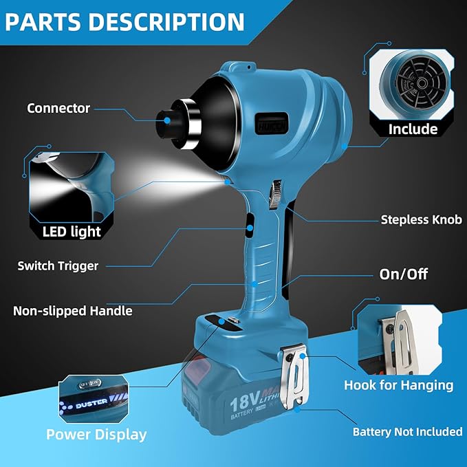Cordless Dust Blower for Makita 18V Battery, Brushless Handheld Air Blower Compressed Air Duster 447 MPH for Garages Workshop Sawmill Room Home Cleaning(Battery Not Included)