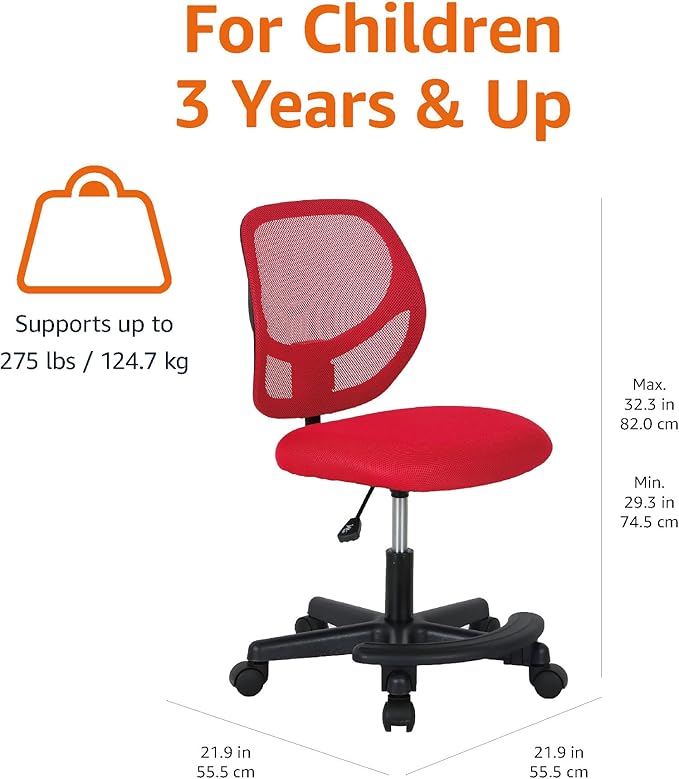Amazon Basics Kids Adjustable Mesh Low-Back Swivel Study Desk Chair with Footrest, Red