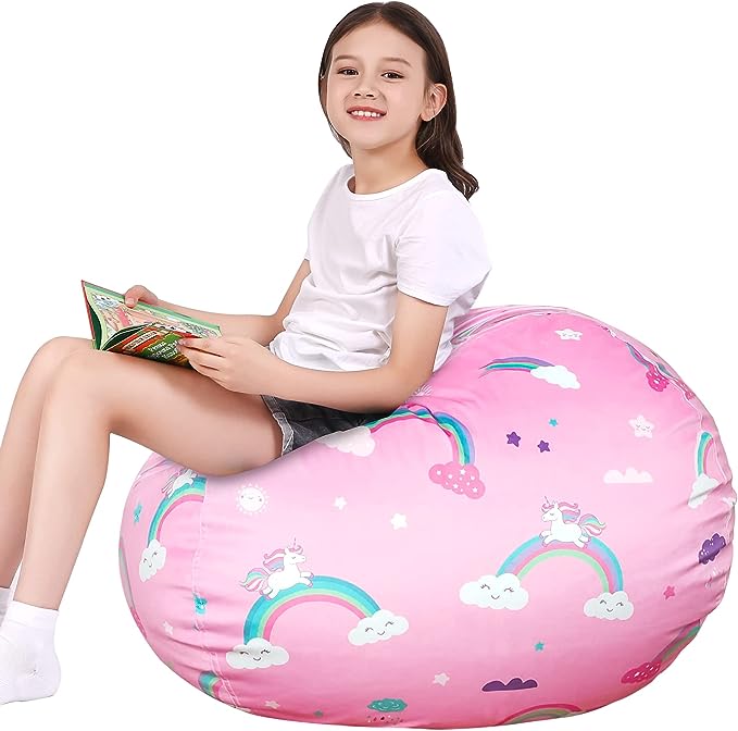 Lukeight Unicorns Stuffed Animal Storage Bean Bag Chair Cover for Kids, Unicorns Zipper Beanbag Chair Cover for Organizing Toddler & Kids' Rooms Plush Toys (Rainbow Pink, Large)