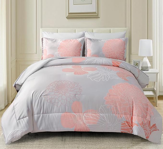 Yiran 7 Pieces Blush Grey Comforter Set Floral Bed in a Bag Soft Microfiber Comforter Bedding Set Queen Size 90"×90"(1 Comforter,2 Pillowcases,2 Pillow Shams,1 Flat Sheet,1 Fitted Sheet)