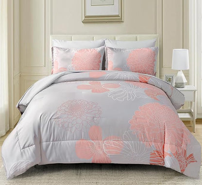 Yiran Blush Grey Floral Bed in a Bag Comforter 7 Pieces Soft Microfiber Comforter Set Bedding Set King Size 103"×90"(1 Comforter,2 Pillowcases,2 Pillow Shams,1 Flat Sheet,1 Fitted Sheet)