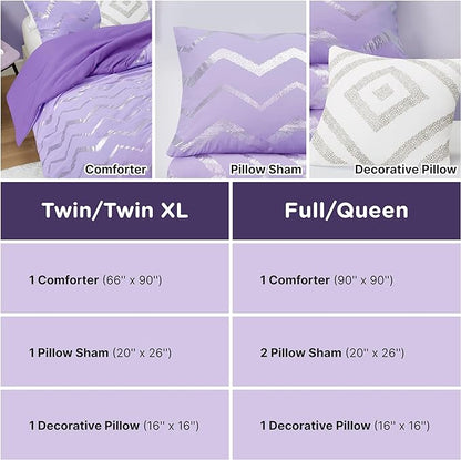 Codi Twin XL Bedding Set - Cute Purple Bed Set, Metallc Print Comforter - 3 Piece Sets for Girls, includes 1 Comforter, 1 Decorative Pillow, and 1 Pillow Case - All Season, Lightweight and Warm