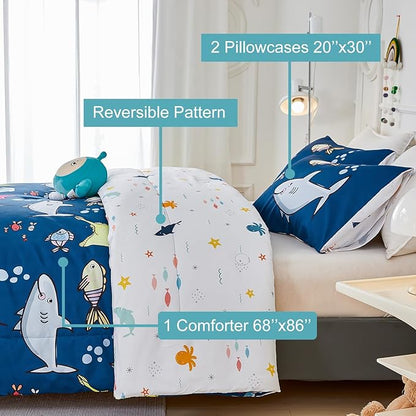 WINLIFE Shark Twin Comforter Set for Boys Blue Ocean Theme Printed Bedding Set, Super Soft and Easy Wash Reversible Kids Bed Set 1 Comforter 2 Pillowcases (3-Pieces, Twin)